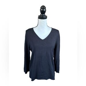 Laura Ashley Black Silk Blend V-Neck Sweater Beaded Floral Embroidery Medium